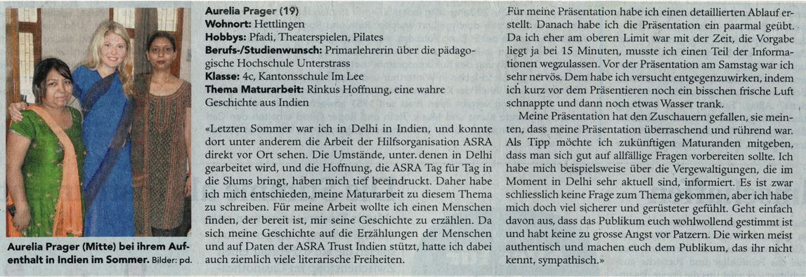 Stadtanzeiger Winterthur, 29. Januar 2013: Aurelia Pragers Maturaarbeit über die ASRA Stiftung